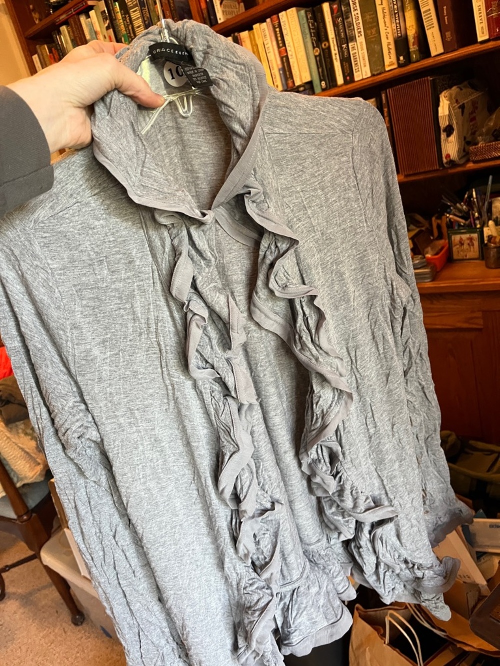 Grace Elements Light Gray Ruffle-Trim Cardigan